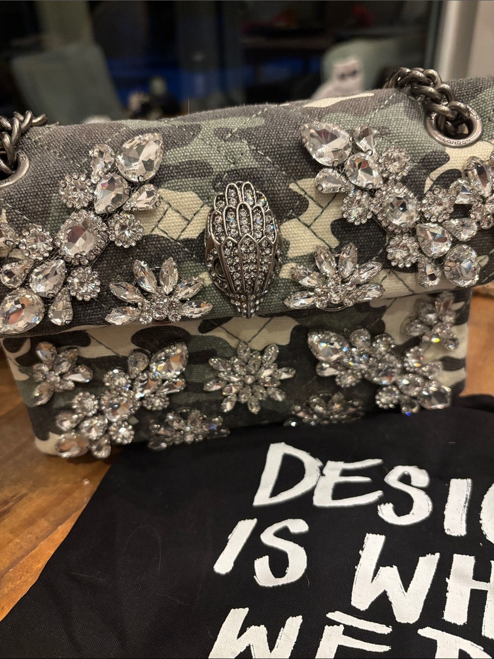 Kurt Geiger Embellished Gray Camouflage Chain Shoulder Bag nwt